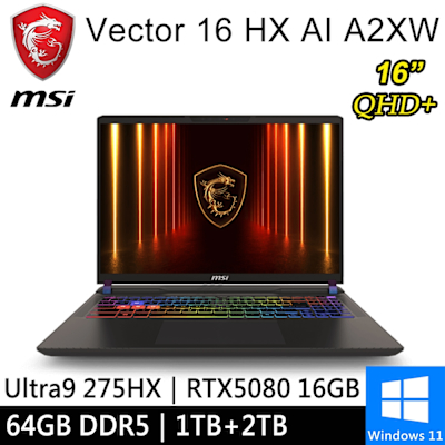 MSI微星 微星 Vector 16 HX AI A2XWIG-014TW-SP9 16吋 灰(Ultra 9 275HX/64G/1TB+2TB/RTX5080 16G/W11)特仕版