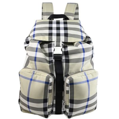 BURBERRY Check 格紋造型尼龍帆布混紡雙肩後背包(灰綠)
