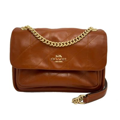 COACH 新款 ELODIE 18 絎縫鏈帶肩背/斜背兩用風琴包(楓糖咖)