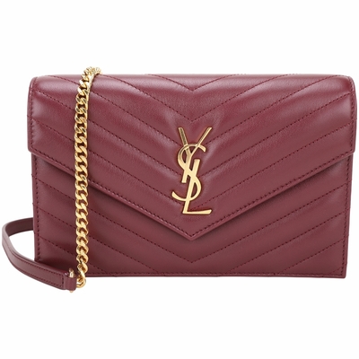 YSL Saint Laurent聖羅蘭 YSL Saint Laurent CASSANDRE 金字絎縫羊皮鍊帶斜背包(酒紅)