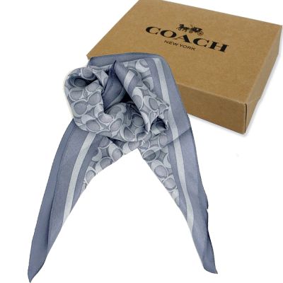 COACH 經典C LOGO100%蠶絲三角絲巾領巾原廠禮盒(藍)