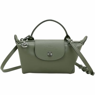 LONGCHAMP Le Pliage Xtra 奔馬烙印牛皮手拿 斜背水餃包(XS/冷衫綠)
