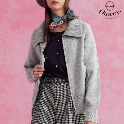OUWEY歐薇 簡約翻領針織拉鍊外套(灰色;S-L)3233195204
