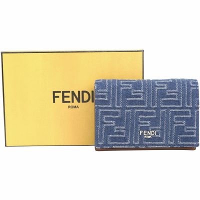 FENDI 芬迪 FF 緹花牛仔布拼小牛皮橫式卡片夾(藍x棕)