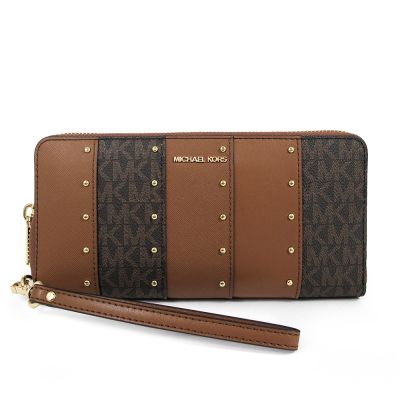 MICHAEL KORS Jet Set Travel 金字Logo異材質拼接小圓珠妝點手提式拉鍊長夾(馬鞍棕)