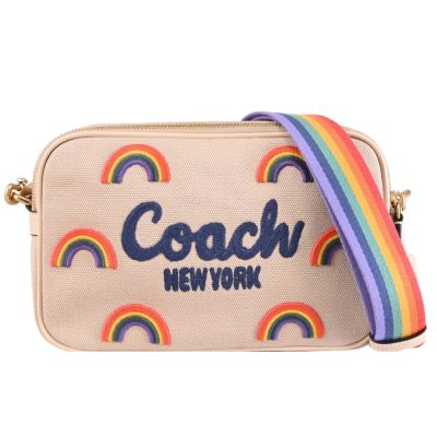 COACH Theo 品牌刺繡LOGO復古彩虹帆布斜背/相機包(米色)