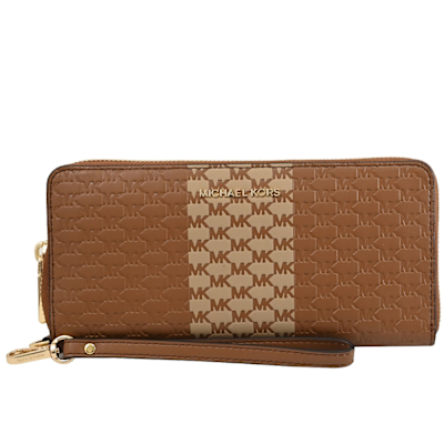 MICHAEL KORS Jet Set 金屬浮雕LOGO印花壓紋ㄇ字拉鍊長夾(咖)