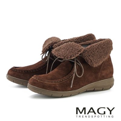 MAGY 泰迪絨毛百搭真皮短靴 咖啡