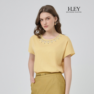 ILEY伊蕾 珠寶項鍊刺繡連袖棉質上衣(黃；M-XL)
