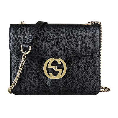 GUCCI 古馳 經典雙G金屬LOGO牛皮金鏈夾層翻釦手提斜背包(迷你/黑)