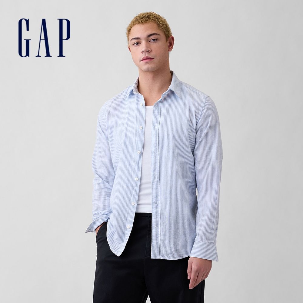 【GAP】標準版型亞麻混紡襯衫-藍白條紋/灰藍色/白色卡其條紋(887952) (藍白條紋)