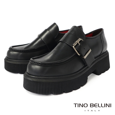 Tino Bellini 義大利進口英倫牛皮飾釦厚底鞋-黑