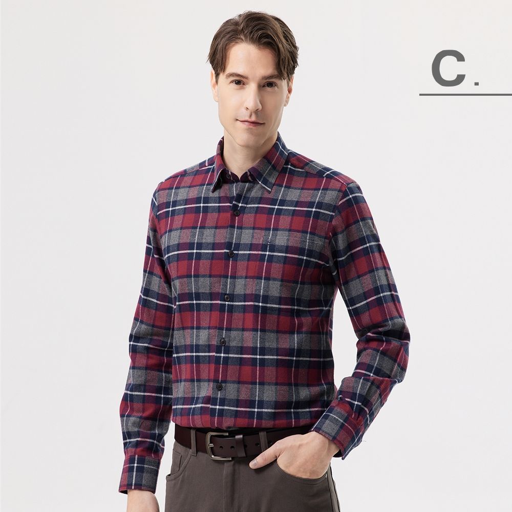 pierre cardin 皮爾卡登 男襯衫 磨毛保暖商務休閒抗皺親膚舒適長袖襯衫(5款任選) (C紅藍格)