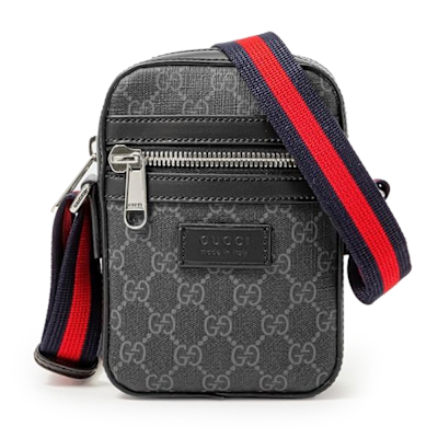 【GUCCI 古馳】682357 經典GG Supreme帆布皮革飾邊雙色織帶迷你手機包斜背包(黑灰色)