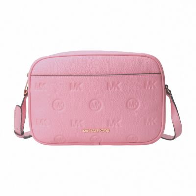 MICHAEL KORS 壓紋MK LOGO 皮革斜背相機包(康乃馨粉)