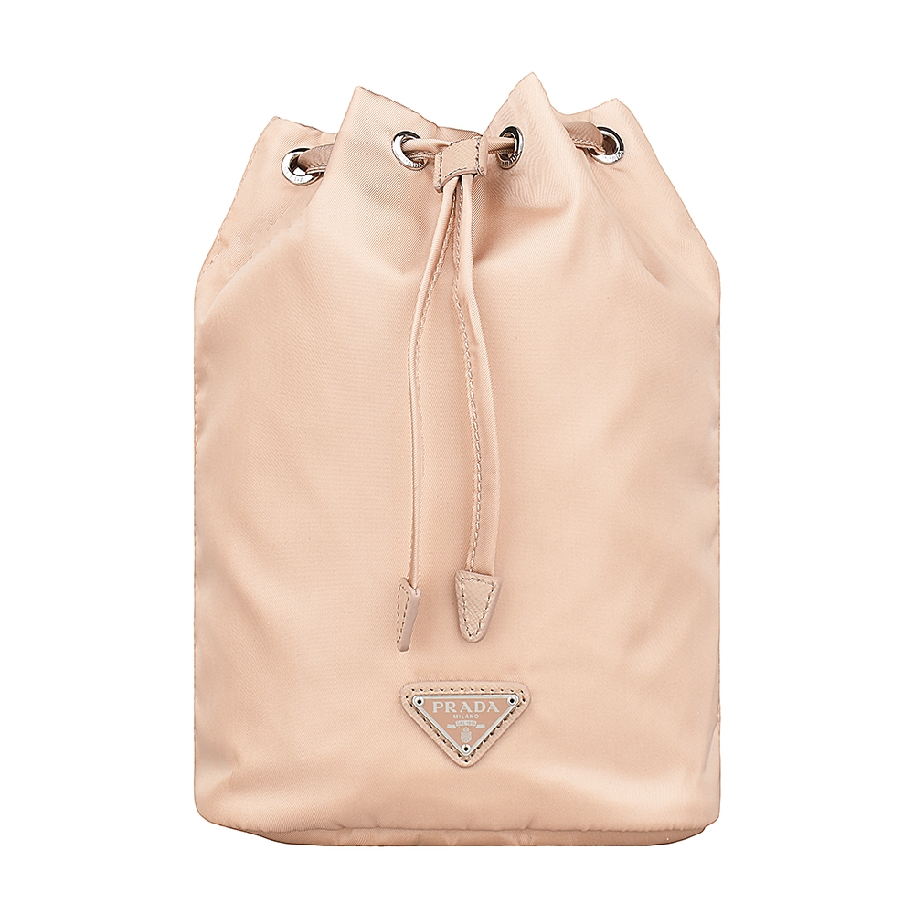 PRADA 普拉達  銀字三角鐵牌LOGO尼龍束口手提化妝包(米)
