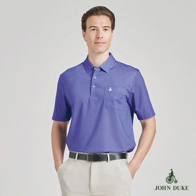 【JOHN DUKE約翰公爵】男裝吸排彈性抗UV襯衫領印花短袖休閒POLO衫 藍(20-4V2832)