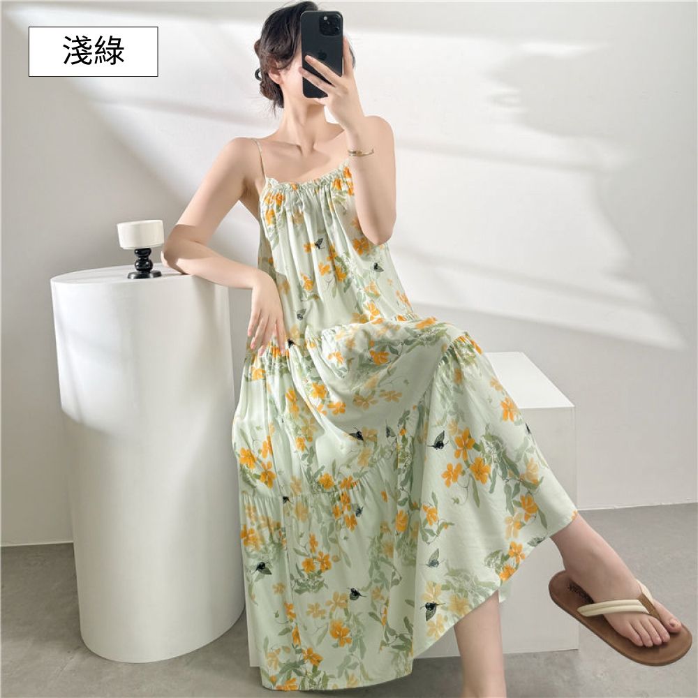 Sleeping Beauty 清涼微風細肩帶居家睡裙-6色可選 (淺綠)