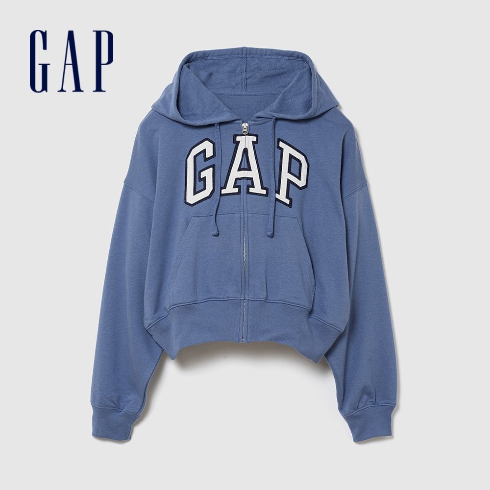 【GAP】寬鬆版Gap Logo法式毛圈布拉鍊連帽外套-灰藍色(887993) (灰藍色)