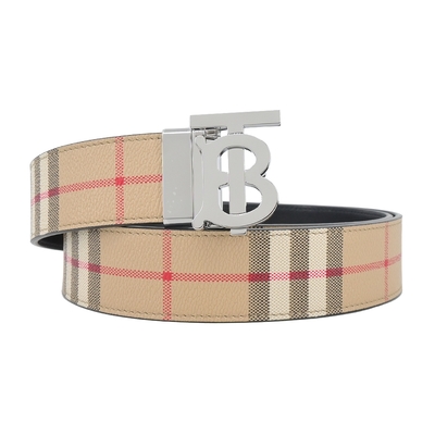 BURBERRY銀字TB LOGO經典格紋拼接皮革雙面用男士皮帶(卡其)