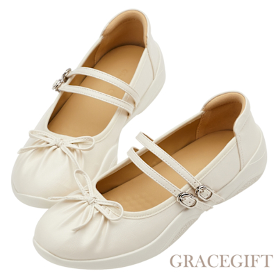 【Grace Gift】時髦潮感蝴蝶結抓皺2WAY雙帶芭蕾舞運動鞋 米白