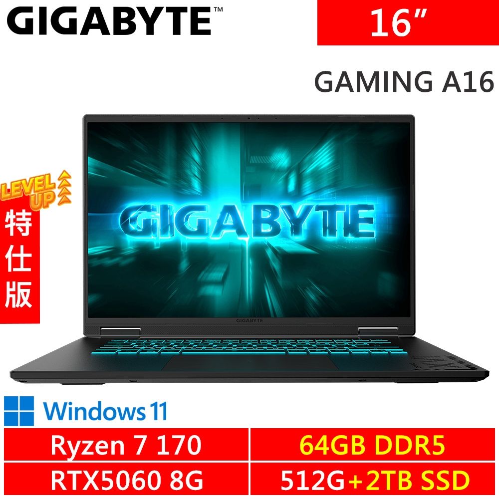 技嘉 GAMING A16 5VHP3TW893SH-SP9 16吋 黑(AMD Ryzen 7 170/64G DDR5/512G+2TB SSD/RTX5060 8G/W11)特仕機