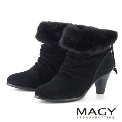 MAGY 毛絨低奢時尚高跟短靴 黑色