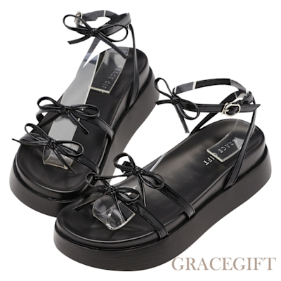 【Grace Gift】輕甜氣質蝴蝶結繞踝奶油厚底涼鞋 黑