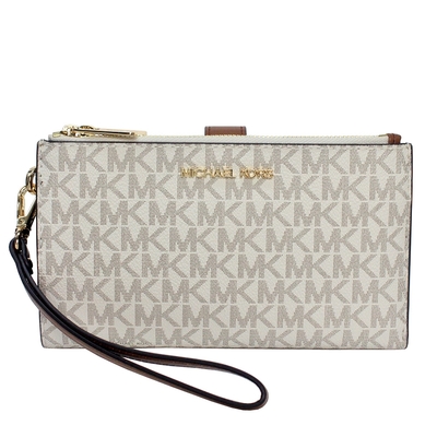 Michael Kors  金字滿版拼接雙層手機長夾(米白咖-可手掛)