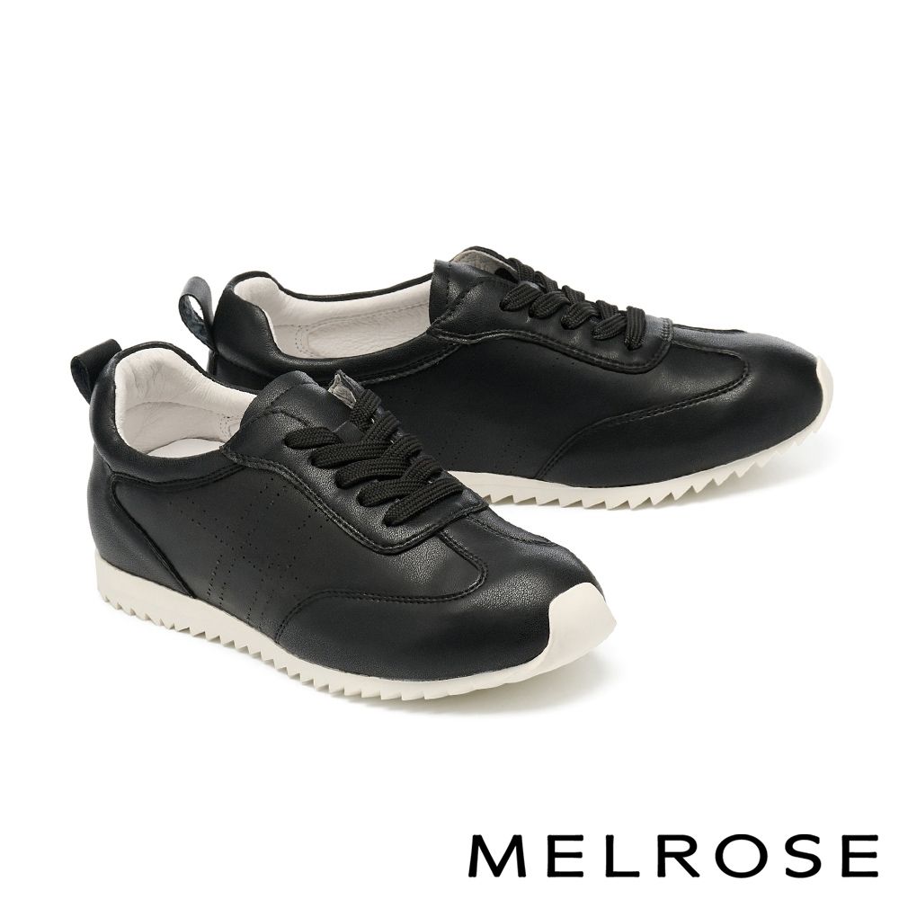 休閒鞋 MELROSE 美樂斯 率性質感晶鑽全真皮綁帶厚底休閒鞋－黑