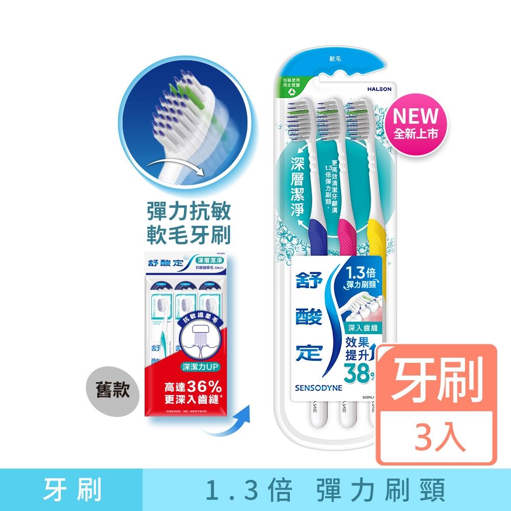 舒酸定 深層潔淨-彈力抗敏軟毛牙刷3支入(顏色隨機)