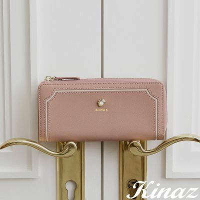 KINAZ 牛皮奶油寶石奶霜邊框獨立卡片層L型拉鍊長夾-糖霜甜莓-甜白邊系列