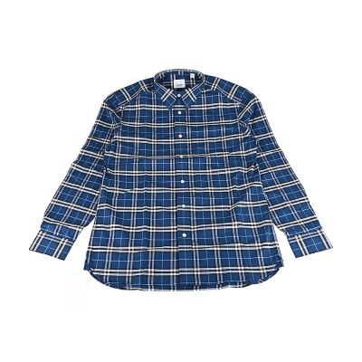 BURBERRY 標籤印字LOGO格紋設計棉質鈕釦長袖釦領襯衫(男款/藍)