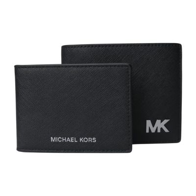 MICHAEL KORS 金屬MK字母防刮皮革附卡夾短夾(黑)
