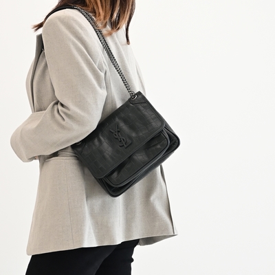 YSL Saint Laurent NIKI 鱷魚壓紋揉製小牛皮翻蓋肩斜背鍊包(墨綠)