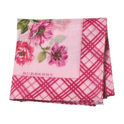 BURBERRY 經典斜格紋邊粉底粉紅花卉圖騰字母LOGO帕領巾(50CM)