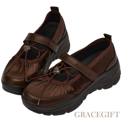 【Grace Gift】愛心交叉繫繩輕量厚底芭蕾舞運動鞋 咖