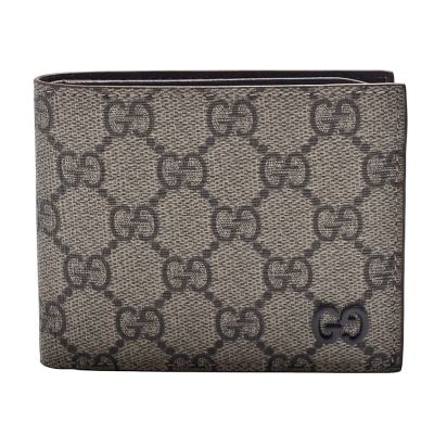 GUCCI 經典同色LOGO GG Supreme帆布牛皮襯裡摺疊短夾(烏木色/咖啡色)