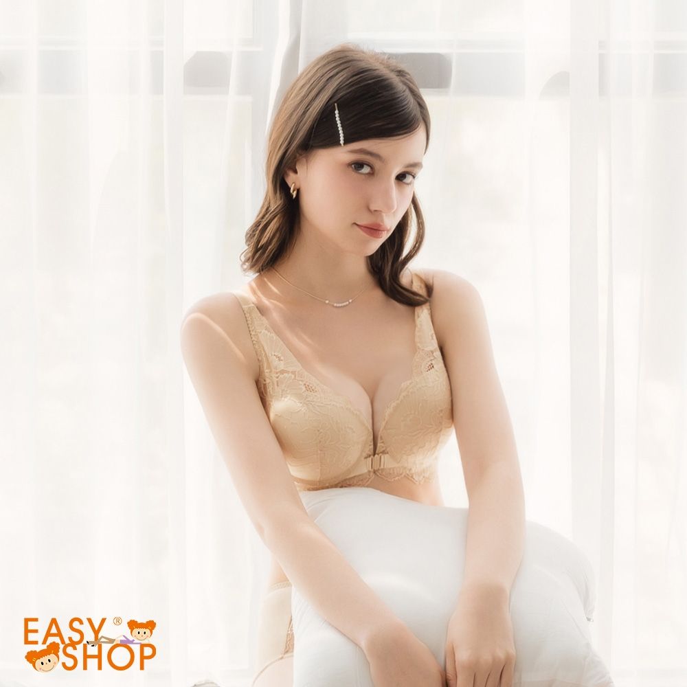 EASY SHOP-絢麗繁花-前扣深V爆爆透氣軟鋼圈內衣-銀杏膚