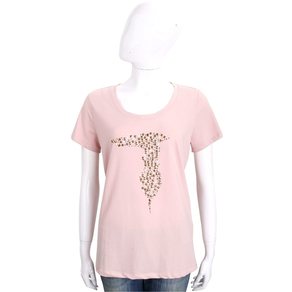 TRUSSARDI T Logo創意貼飾棉質短袖TEE T恤-多色可選 (雙色貼飾-粉色)