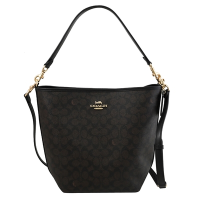 COACH 金屬馬車LOGO印花兩用水桶包(深咖)
