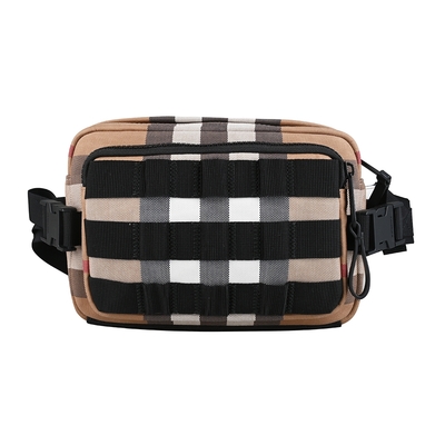 BURBERRY 巴寶莉 PADDY底部灰字LOGO復古格紋帆布設計胸掛腰包(米x黑)