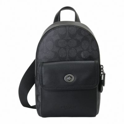 COACH 防刮拚緹花LOGO拉鍊單肩背/前胸包(黑灰)小