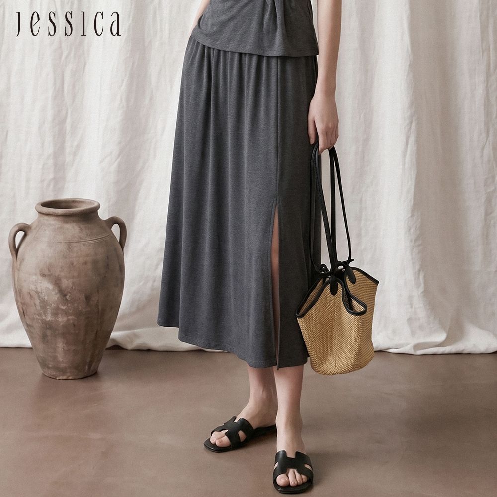 JESSICA - 百搭休閒素色開岔長裙（灰）J63D02
