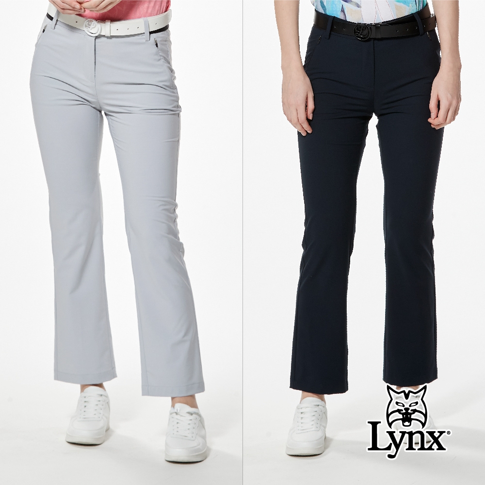 【Lynx Golf】女款彈性舒適後袋轉印造型LOGO織帶剪接設計隱形拉鍊口袋靴型九分褲(二色) (灰色)