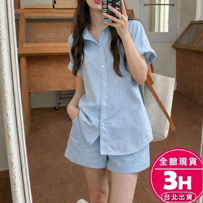 【梨卡】隔日到貨 女裝【套裝】冰絲不悶熱 短袖襯衫 冰絲短褲 韓版套裝 夏季套裝 涼爽上衣 HZ120【現貨24H】