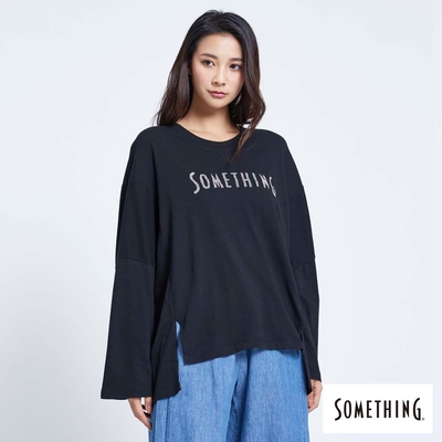 SOMETHING 女裝 寬版條紋LOGO上衣-黑色
