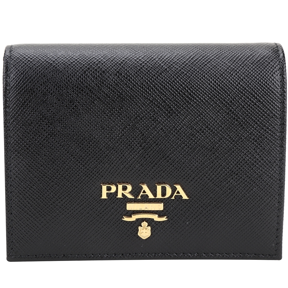 PRADA 普拉達 Saffiano 金字浮刻對折釦式短夾(黑色)