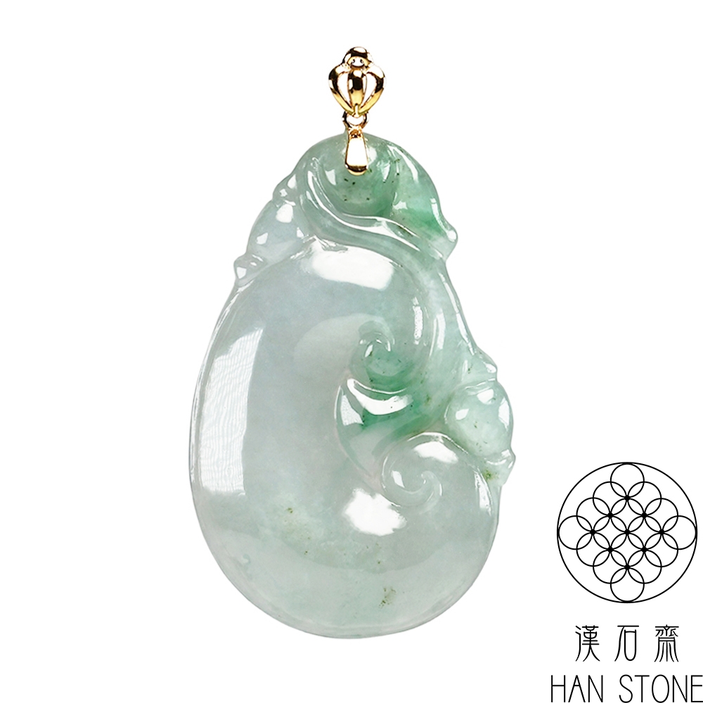 漢石齋】天然翡翠A貨如意18K金墜頭玉佩吊墜冰糯種飄花(24*37*5mm) | 漢