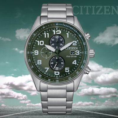 CITIZEN 星辰 Chronograph 光動能 計時 三眼不鏽鋼腕錶-綠43mm CA0770-72X 送禮 禮物 推薦
